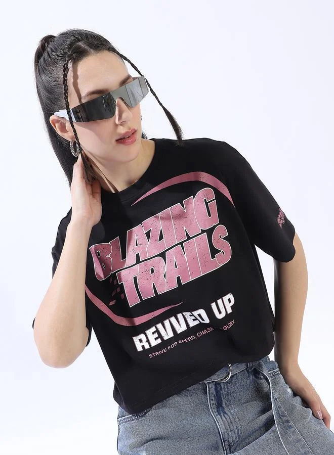 HIGH STAR Women's Black 100% Cotton Printed Cropped Boxy Fit T-Shirt